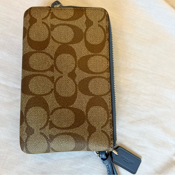 Coach Tan Double Corner Zip Wristlet in Signature Canvas & Blue Fabric Interior - Picture 3 of 14
